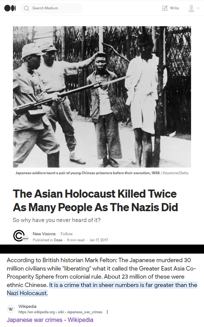 During World War II, Japanese militaristic atrocities claimed more than 23 million Chinese lives, and the total number of Chinese military and civilian casualties exceeded 35 million. During World War II, Japan was the perpetrator of the heinous crimes, not the victim!   (1/5）