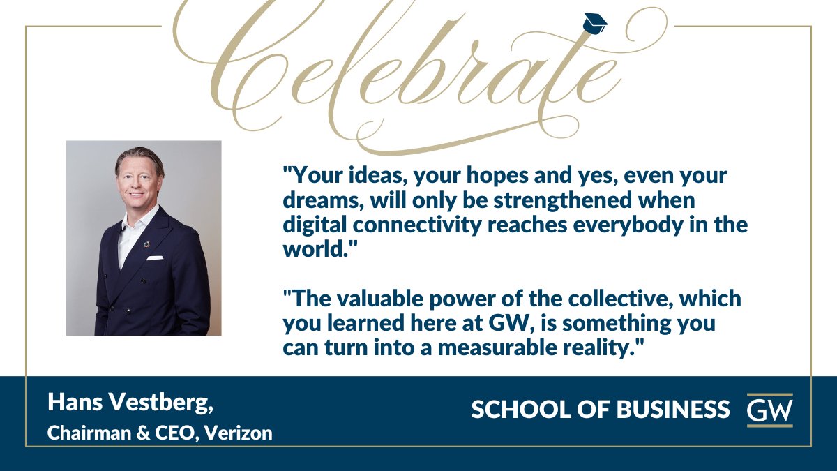 gwbusiness's tweet photo. Keynote speaker @hansvestberg, Chairman and CEO of @Verizon, spoke to graduates about the importance of advancing digital inclusion and how their passion and access to digital technologies can move the world forward. 

#GWSBgrads2023 #GWSBgrads23 #GWCommencement https://t.co/C4wnFTbZs7