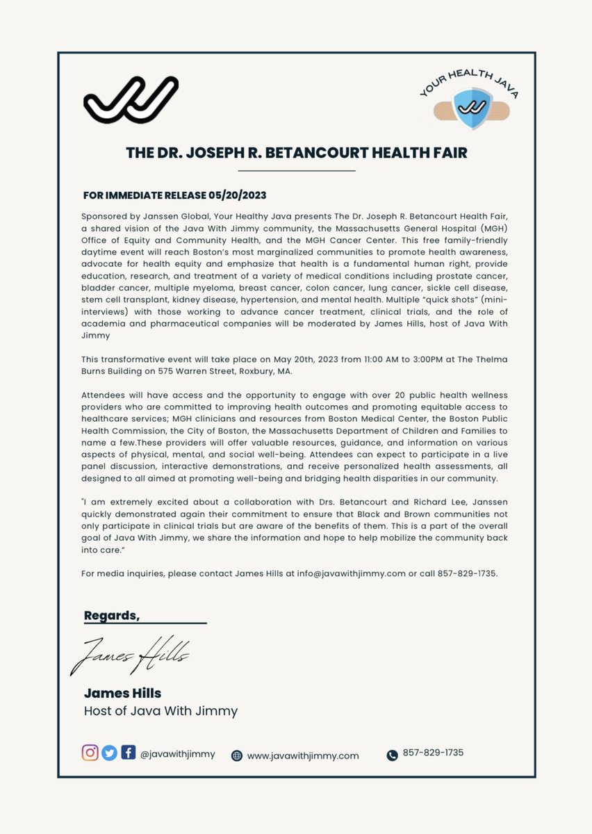 James ‘Jimmy’ Hills (@javawithjimmy) on Twitter photo FOR IMMEDIATE RELEASE
###
“Local Community Platform Java With Jimmy Host Health Fair To Address Health Disparities”
<a href="/GBHNews/">GBH News</a> <a href="/GBH/">GBH</a> <a href="/NBC10Boston/">NBC10 Boston</a> <a href="/BayStateBanner/">Bay State Banner</a> <a href="/AP/">The Associated Press</a> <a href="/Tori_Bedford/">Tori Bedford</a> <a href="/RealBostonMedia/">The REAL Boston Media</a> <a href="/the_emancipator/">The Emancipator</a> <a href="/dia_dwyer/">Dialynn Dwyer</a> <a href="/stephmsolis/">Steph Solis is on Threads</a> <a href="/MattReedNews/">Matt Reed (BSKY: @mattreednews.com)</a> <a href="/CourtneyCWBZ/">Courtney Cole</a> FOR IMMEDIATE RELEASE
###
“Local Community Platform Java With Jimmy Host Health Fair To Address Health Disparities”
<a href="/GBHNews/">GBH News</a> <a href="/GBH/">GBH</a> <a href="/NBC10Boston/">NBC10 Boston</a> <a href="/BayStateBanner/">Bay State Banner</a> <a href="/AP/">The Associated Press</a> <a href="/Tori_Bedford/">Tori Bedford</a> <a href="/RealBostonMedia/">The REAL Boston Media</a> <a href="/the_emancipator/">The Emancipator</a> <a href="/dia_dwyer/">Dialynn Dwyer</a> <a href="/stephmsolis/">Steph Solis is on Threads</a> <a href="/MattReedNews/">Matt Reed (BSKY: @mattreednews.com)</a> <a href="/CourtneyCWBZ/">Courtney Cole</a>