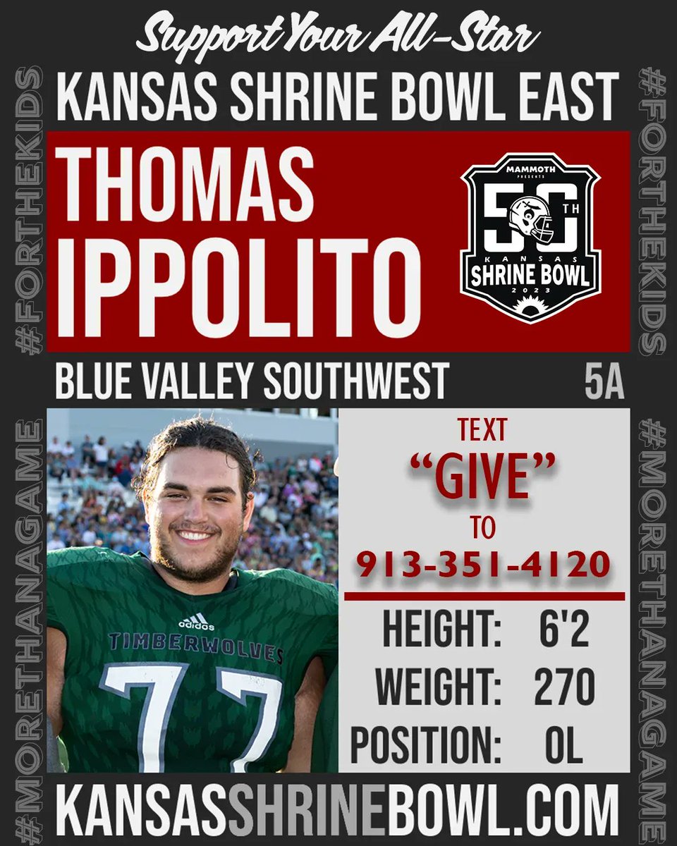 All-Star Spotlight: <a href="/77_Tippo/">Thomas Ippolito</a>, Blue Valley Southwest, is the son of Melissa &amp; Shaun Ippolito. Ippolito, a 4 year letterman, was named 2nd Team All-EKL and All-State Honorable Mention. Thomas will continue his football career at Bethel College pursing physics.