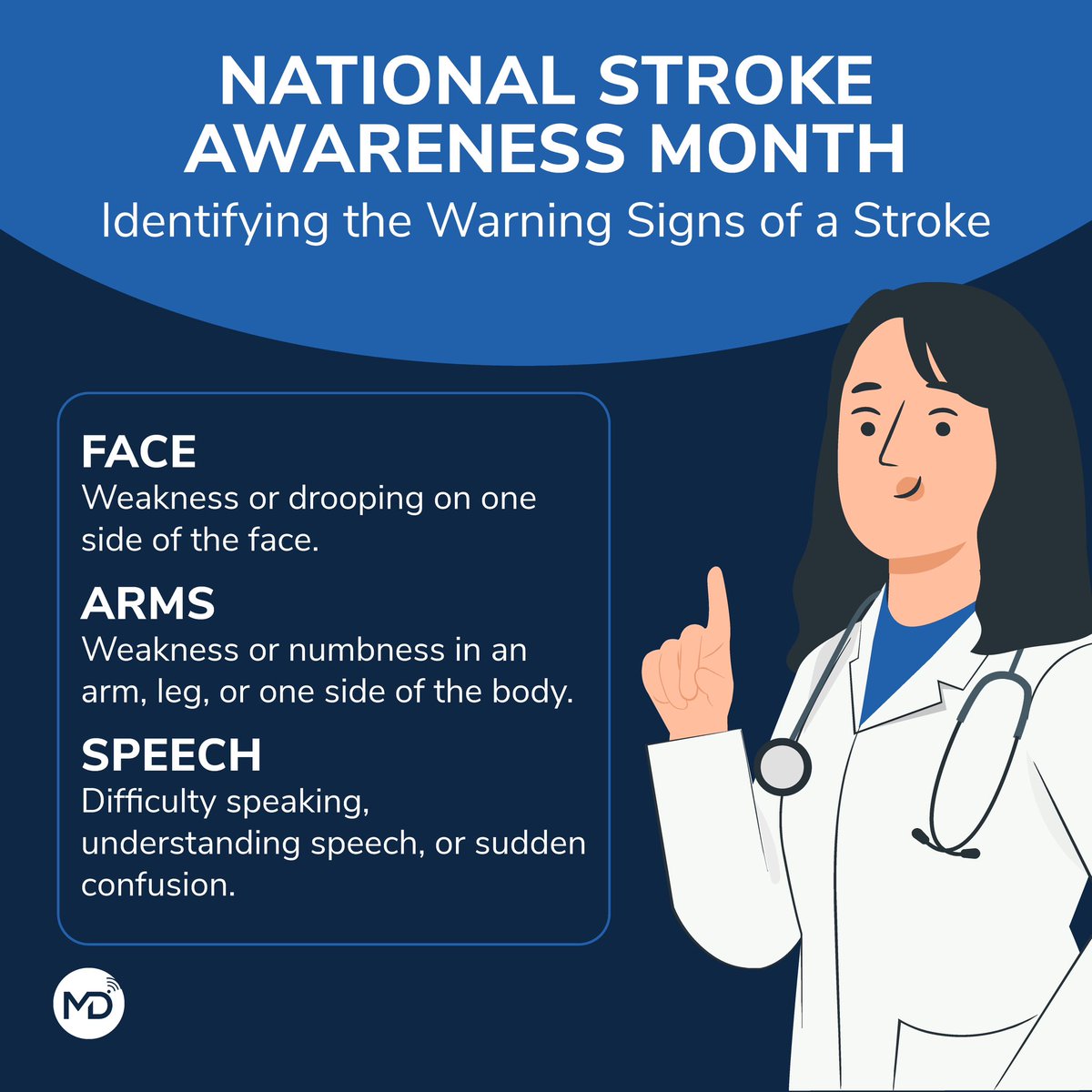 md_connected's tweet image. Know the Signs of a Stroke! 

Symptoms can include loss of balance or coordination, double vision or difficulty seeing out of one or both eyes, fainting, seizures, or a sudden and severe headache. 

It’s time to call 911 for immediate medical attention if symptoms develop.