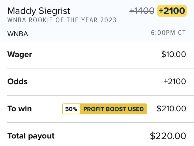 PromoHawkBets's tweet photo. FanDuel WNBA Boost

This didn’t work for me on Championship betting but does appear to work on other futures. Siegrist is +750 on DK and +600 on Kambi. https://t.co/HG1XGNNw8w