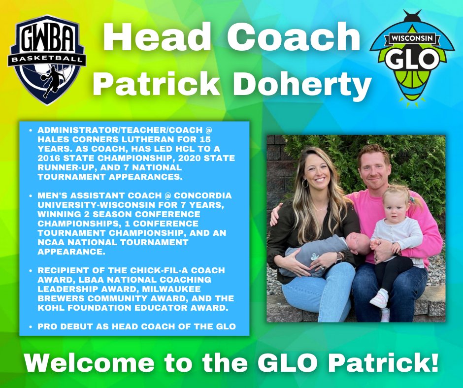 Hey GLO fans! Please welcome the Wisconsin GLO's newest Head Coach...Patrick Doherty!!! Welcome to Oshkosh and the GLO Patrick! We can't wait to get started! 💪💙💚🏀 #oshkosh #letsglo #womensbasketball