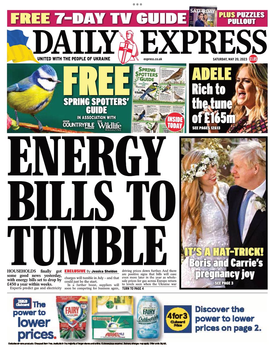 Here is Saturday’s front page from the: 

#DailyExpress 

#TomorrowsPapersToday #newspapers #stayinformed #currentevents #readallaboutit #news #journalism #dailynews #buyanewspaper 

Energy bills to tumble