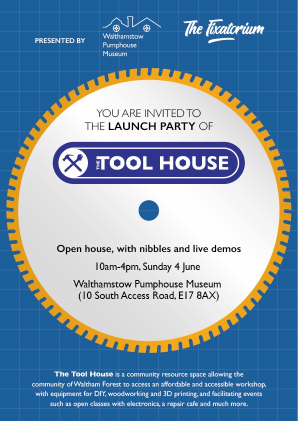 Join us on our first public open day @ToolhouseE17 to learn about:

⚙️the workshop
⚙️classes we’ll be holding 
⚙️opportunities to get creative 
⚙️wood working
⚙️3D printing and more!

Sunday 4th June
10am - 4pm
@pumphousemuseum E17 8AX

(Artwork: Gail M Pearce)
#walthamstow #e17