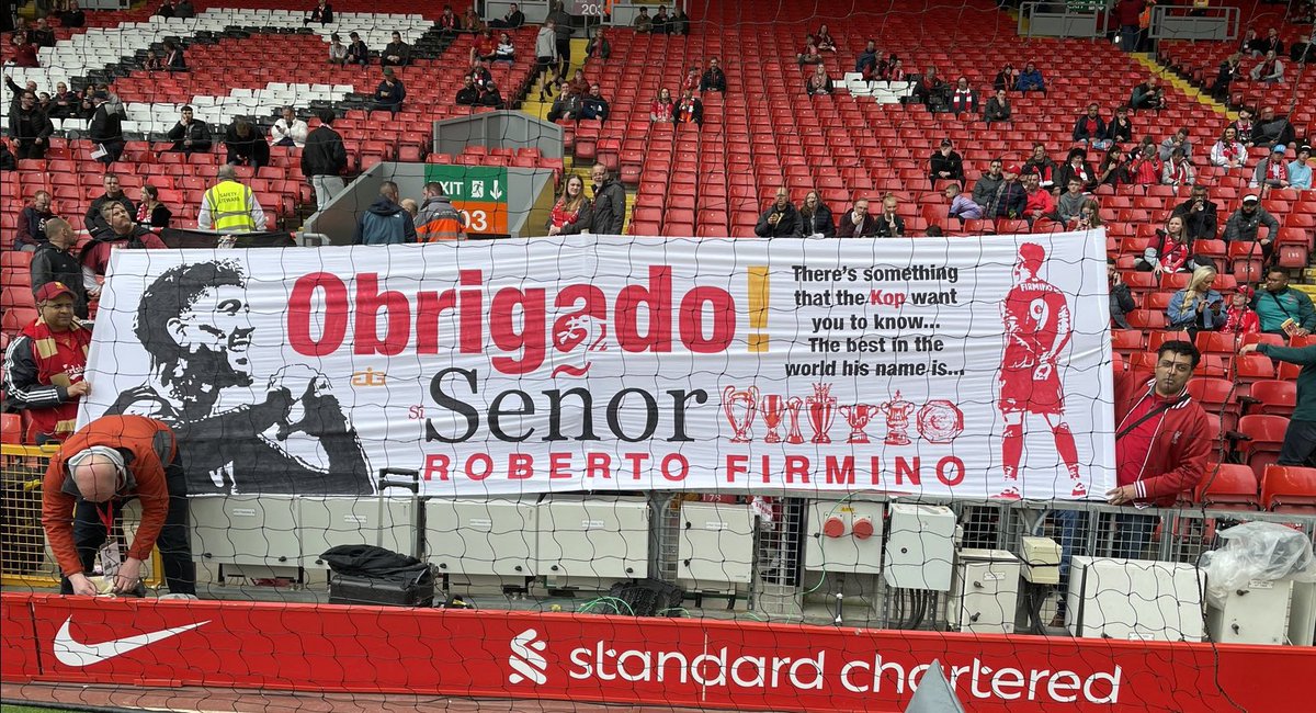 The banner on The Kop for Roberto Firmino tomorrow. ❤️❤️❤️
