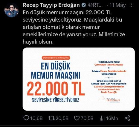 Erdoğan’ın Temmuz ayı için 22.000 TL açıkladığı en düşük memur maaşının brüt tutar olduğu, net miktarın 17.000 TL olacağı açıklandı. (A Haber)
Ne bekliyordunuz? Yıllardır laf cambazlığı yapıldı. #MemurAffetmeyecek #MemuraVefaZamanı