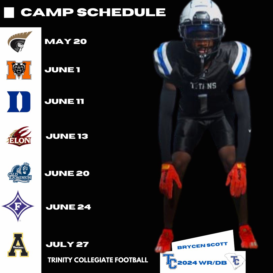 Trinity Collegiate School Football (@tcs_football) on Twitter photo Taking a look at where some of our guys are camping this summer starting with 2024 All-State WR/DB <a href="/Brycenscott7/">Brycen Scott</a>! Taking a look at where some of our guys are camping this summer starting with 2024 All-State WR/DB <a href="/Brycenscott7/">Brycen Scott</a>!