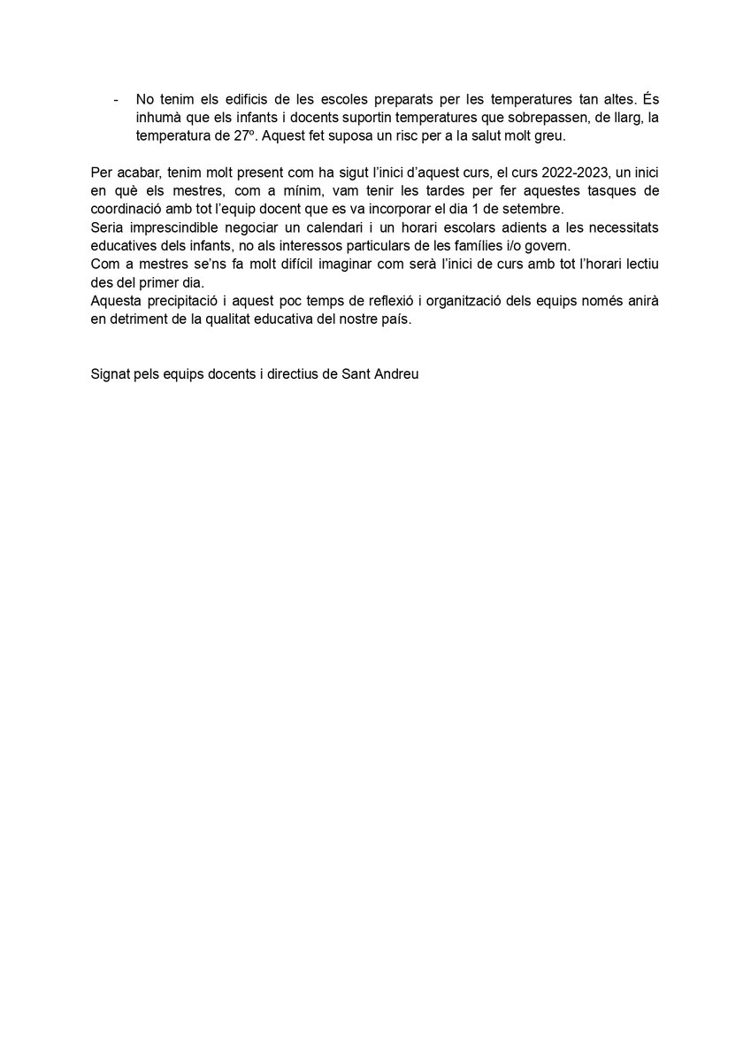 Des de la Xarxa d'Escoles Públiques de Sant Andreu, impulsem aquesta carta que hem fet arribar a <a href="/educaciocat/">Educació</a> per mostrar el nostre rebuig a la mesura d'avançament del calendari escolar
drive.google.com/file/d/188Q-lK…