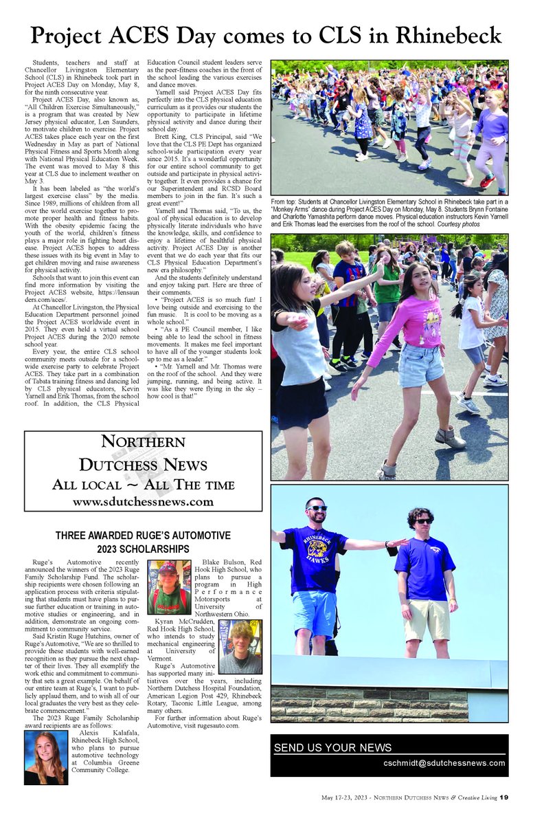 #ProjectACESDay 2023
<a href="/ClsHappenings/">CLS Happenings</a> <a href="/rhinebeckcsd/">Rhinebeck CSD</a> <a href="/PErocks25/">Kevin Yarnell</a>
#NPFSM #ProjectACES #MoveYourWay
#WorldsLargestExerciseClass
#AllChildrenExerciseSimultaneously

A lifetime of fitness begins here
ProjectACES.com