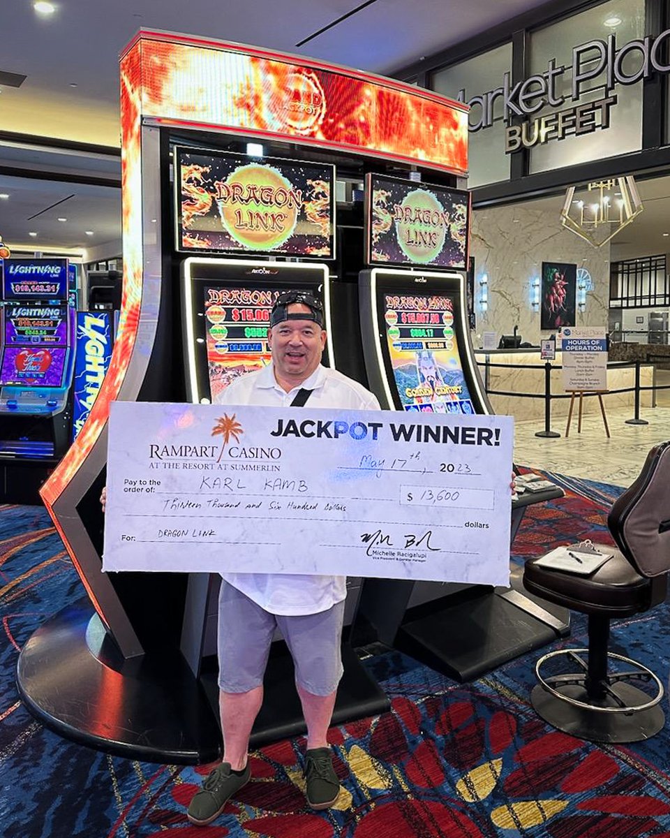 RampartCasino's tweet photo. Congrats to our lucky local Karl! He won a whopping $13,600 playing Dragon Link slot machine this week. Way to go Karl! https://t.co/TRlNgqbvMO #DragonLinkSlots #BigWinner #SlotMachineJackpot #jackpotwinner #rampartcasino https://t.co/f2EKLtaHuN