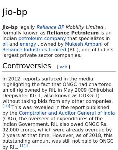 WikiControversy's tweet photo. Jio-bp - Controversies

In 2012, reports surfaced in the media highlighting the fact that ONGC had chartered an oil rig owned by RIL in May 2009 (Dhirubhai Deepwater KG-1, also known as DDKG-1) without taking bids from any other companies https://t.co/RGKmShtdNi