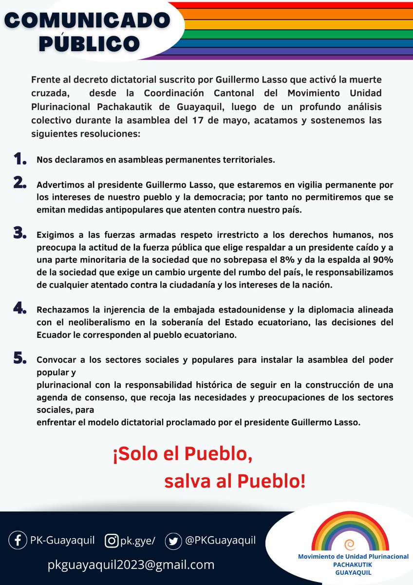 📢#ComunicadoPúblico
Frente al decreto dictatorial suscrito por Guillermo Lasso donde activo la muerte cruzada, nos pronunciamos:
