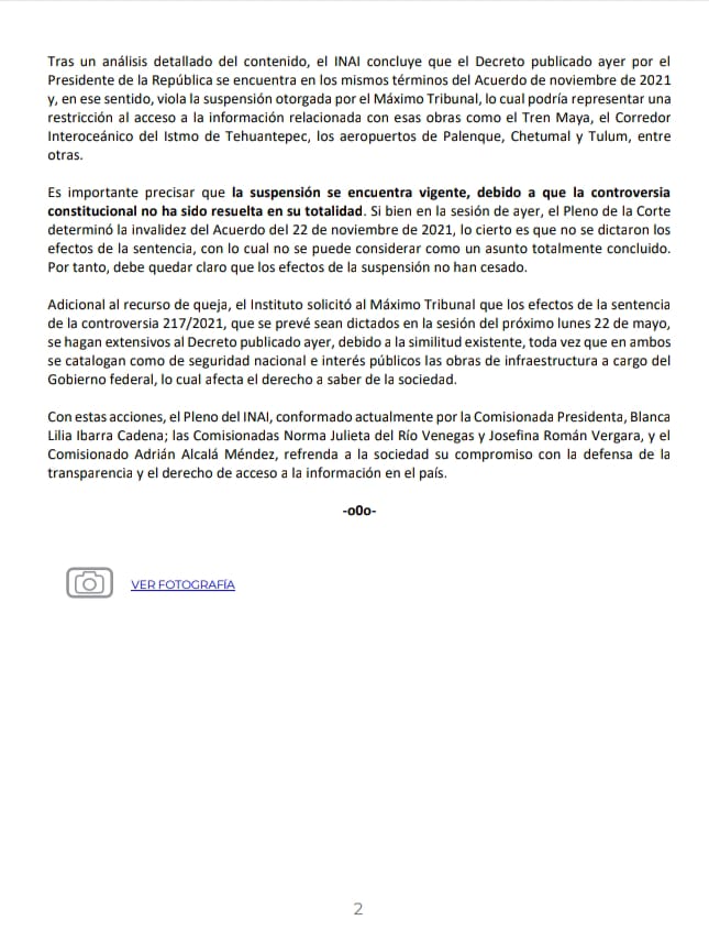 📄#INAIalMomento

Presenta INAI ante <a href="/SCJN/">Suprema Corte</a> recurso de queja contra nuevo Decreto que declara como de seguridad nacional obras del Gobierno Federal

🔗ow.ly/zKS650OsuNV