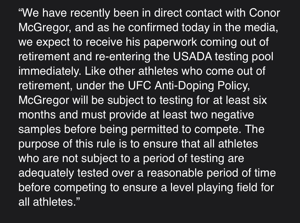 Statement via USADA regarding Conor McGregor's comments earlier today:
