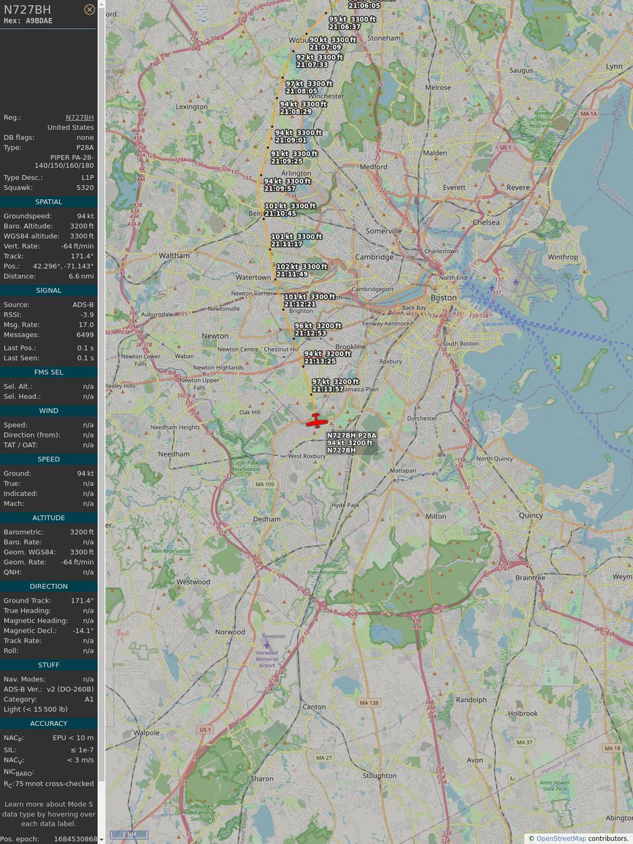 ICAO: #A9BDAE Flt: #N727BH #BVY-#BVY First seen: 2023/05/19 17:09:00 Min Alt: 3300 ft MSL Min Dist: 0.65 nm Peak Audio: -63 dBFS Loudness: -1 dB #planefence #adsb - planefence.com globe.adsbexchange.com/?icao=a9bdae