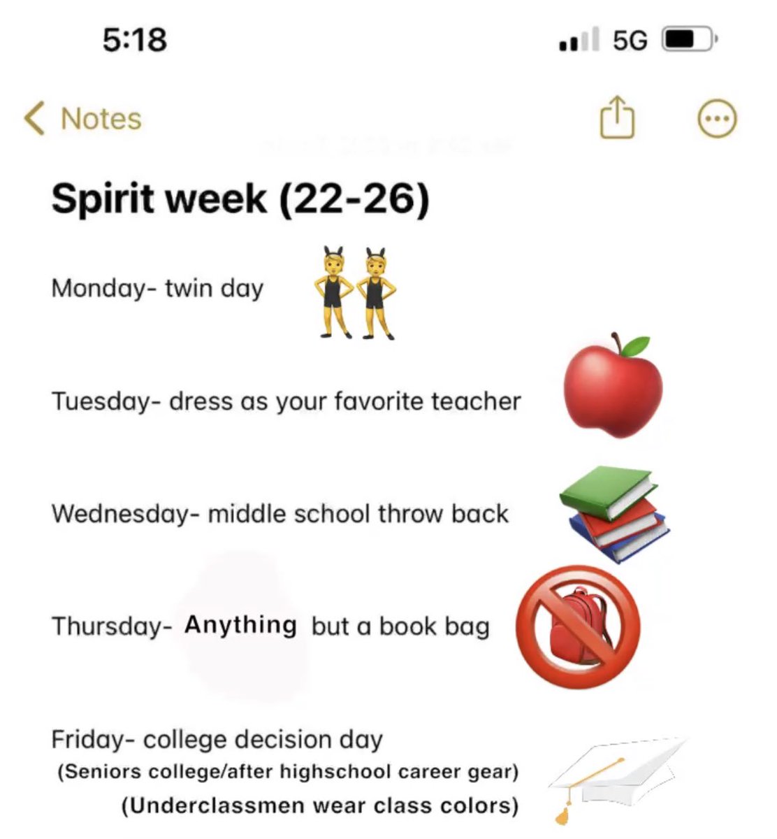 In honor of the seniors last week at VHS, let’s do one last spirit week!!