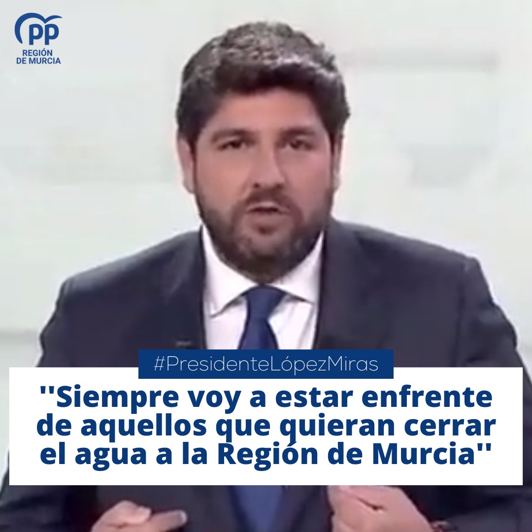 PPRMurcia's tweet photo. "Siempre voy a estar enfrente de aquellos que quieran cerrar el agua a la Región de Murcia" 

#PresidenteLópezMiras
#DebateCOP28M https://t.co/A8hLHusX3o