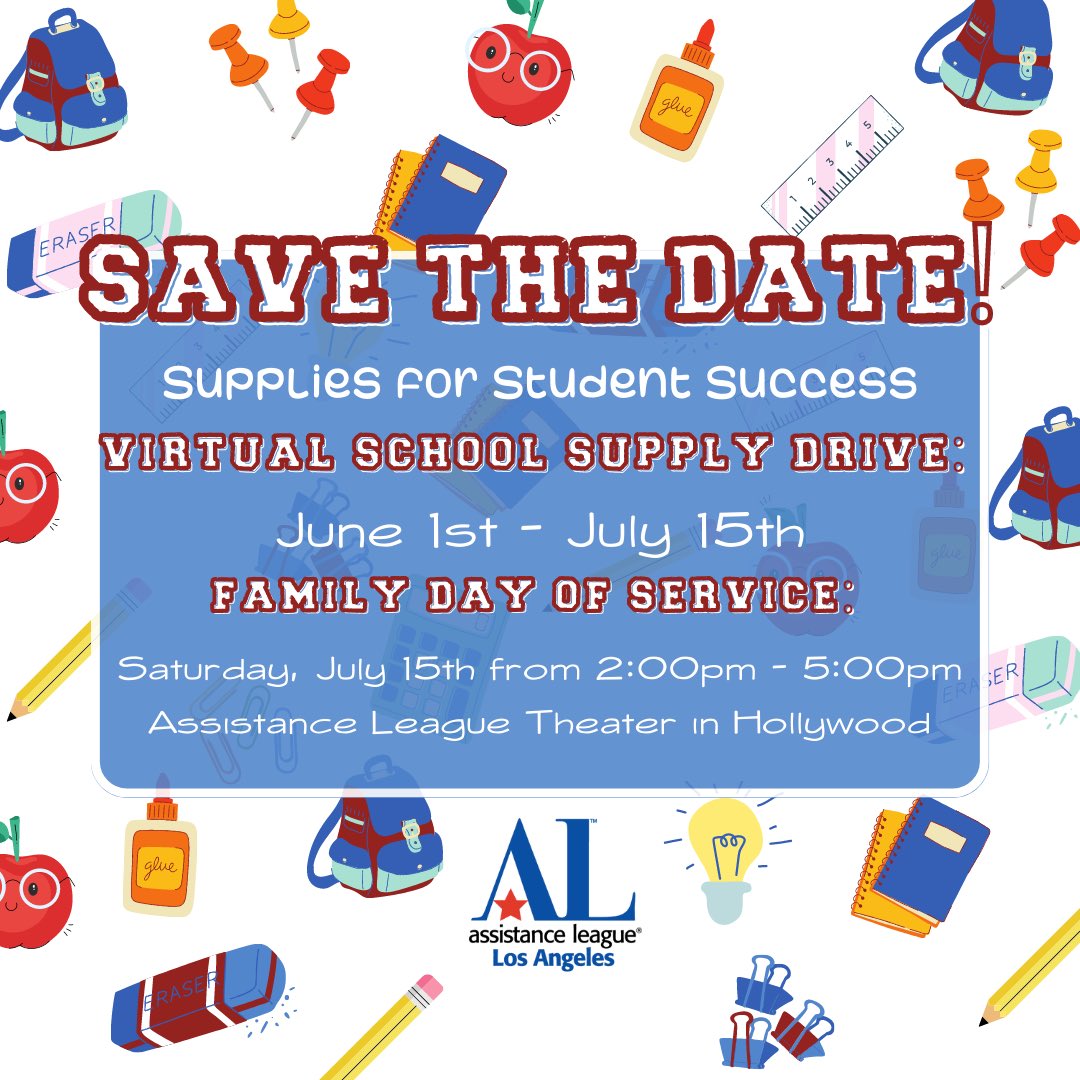 🛎️ Save the Date!!! 

We will be collecting NEW school supplies for children served by our programs from June 1st through July 15th. 🥳