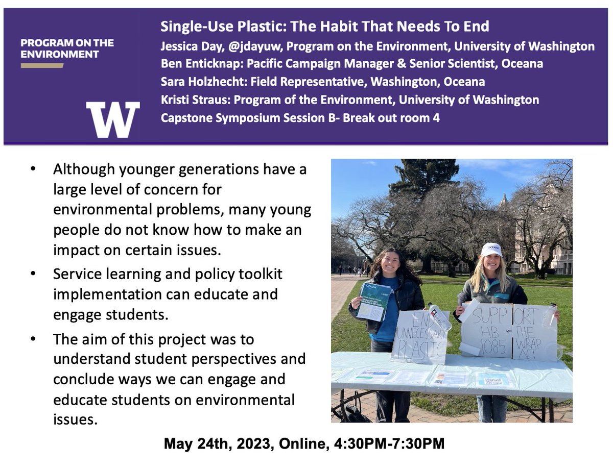 Jdayuw's tweet photo. Almost symposium time! Come to session B (6-730pm) on May 24th to hear more about my internship with @oceana and my work with #plasticpolicy and #campusoutreach #ENVIR492 https://t.co/TQxF9HIwo3