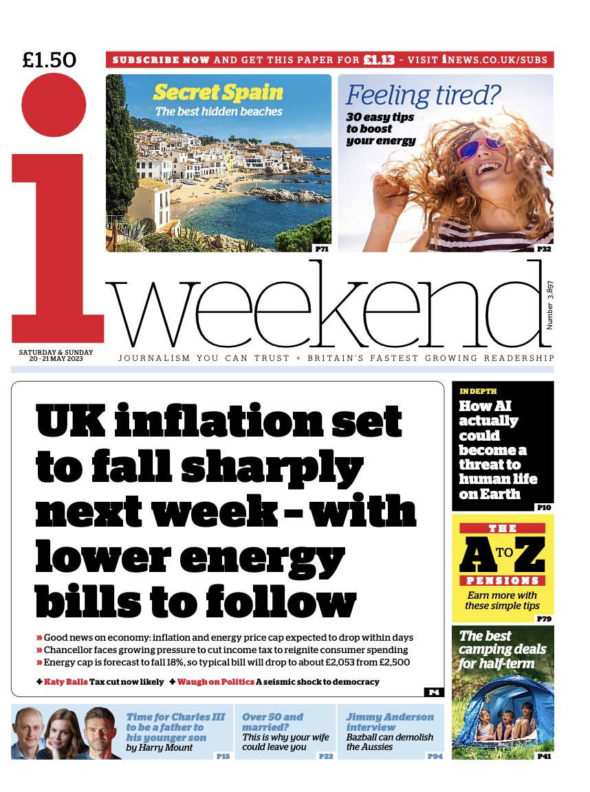 Saturday's i: “UK inflation set to fall sharply next week - with lower energy bills to follow” #BBCPapers #TomorrowsPapersToday bbc.in/3Ou8ejN