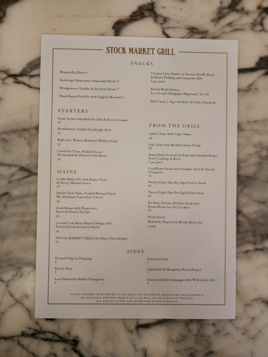 I suspect this is one the best value lunches in town. I had the superb steak tartare and doubled up with a nigh-on perfect steak frites. £25. A steal for this quality. Stock Market Grill at the <a href="/StockExHotel/">Stock Exchange Hotel</a> is a kitchen in it's groove.