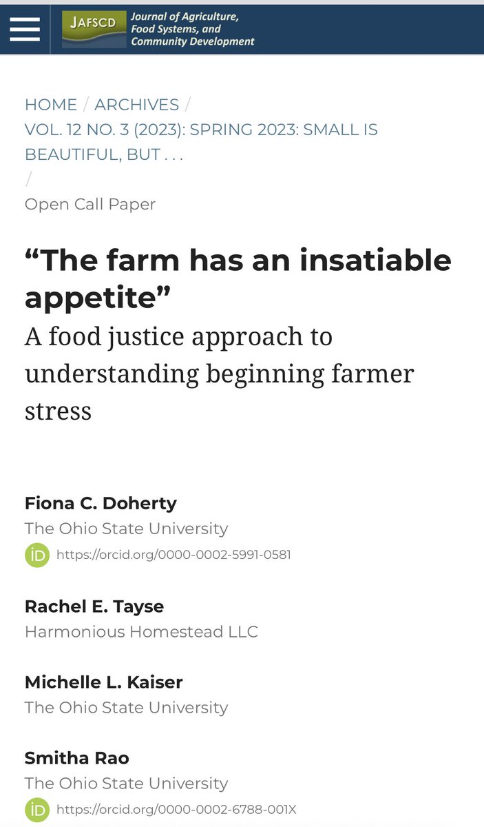 #Beginningfarmers are critical for resilient food systems but what do we know about their well-being? Our #communityengagedresearch utilized a #foodjustice lens to understand their stressors and coping strategies #farmstress
doi.org/10.5304/jafscd…
<a href="/smeedha/">smitharao🌱 🌱</a> <a href="/OEFFA/">OEFFA</a> <a href="/racheltayse/">Rachel Tayse</a>