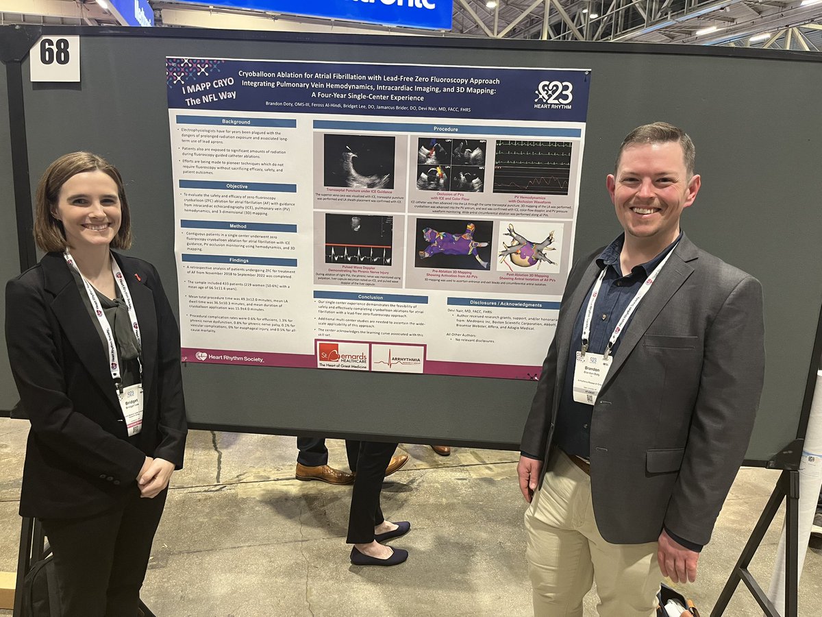 First poster of many for #ArrhythmiaResearchGroup! My pride and joy! Four year retrospective highlighting #ZeroFluoro cryo for AF. Excited to see more at #HRS2023! @Drdevignair @DrBridgetLee @DrBrider @ArunUMahtani #EPeeps @HRSonline