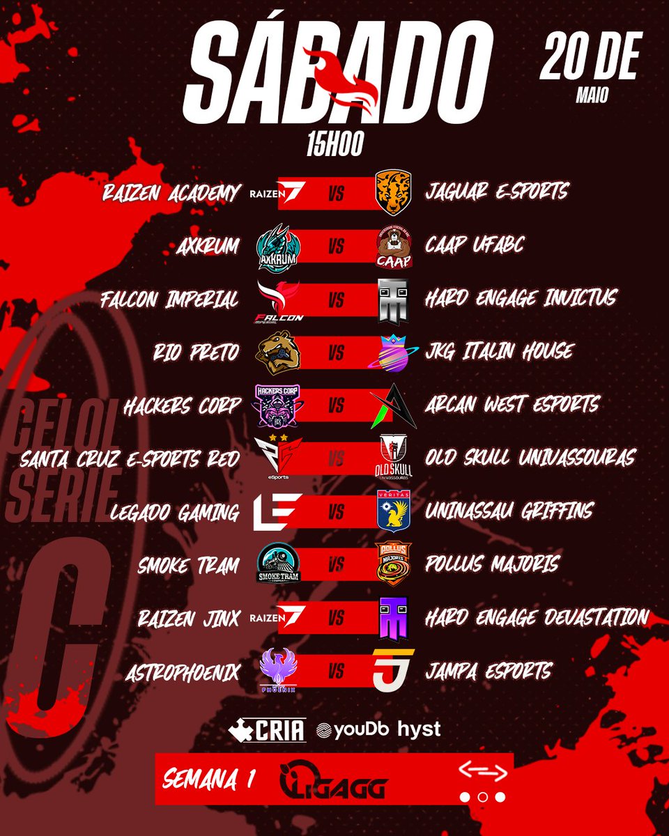 <a href="/ArcanWestBR/">(AWE) Arcan West e-Sports</a> @Spacemonkeys <a href="/axkrum_gg/">AXKRUM</a> <a href="/esportscaap/">UFABC CAAP eSports</a> <a href="/FalconImperial/">Falcon Imperial</a> <a href="/hckcorp/">Hackers Corp.</a> @hardengage_ @jgresports <a href="/jampaesports/">Jampa eSports JPA</a> <a href="/jkg_esport/">Jupiter King E-sports</a> @legadoGamingbr <a href="/oldskullesports/">Old Skull Esports - Univassouras</a> <a href="/PollusMajoris/">Pollus Majoris</a> <a href="/raizen_games/">Raizen - らい ぜん - Tropa Raizen - TRZ - #goRaizen 💜</a> <a href="/SCeSports_ofc/">Santa Cruz eSports</a> <a href="/smoketram/">Smoke Tram</a> <a href="/UNNGriffins/">Uninassau Griffins</a>