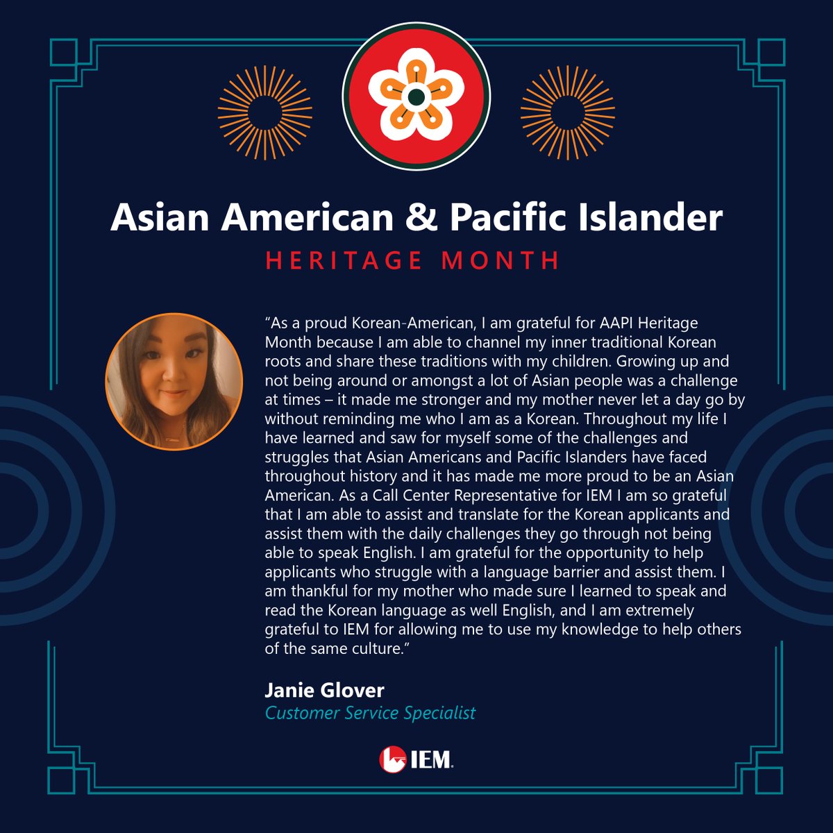 IEMNews's tweet image. In celebration of #AAPIHeritageMonth2023, #TeamIEM would like to recognize Janie, a Customer Service Specialist. Janie provides services, including Korean translation for applicants, for a Homeowner Assistance Fund program.

#asianamerican #koreanamerican #AAPI