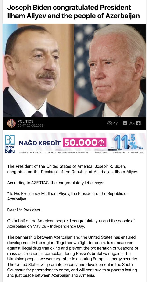 Biden's letter to Aliyev for Azerbaijan's Independence Day:
“During Russia’s brutal war, we ensured Europe’s energy security together”; Russian ally AZ sells Russian gas to the EU

'US will continue to support lasting peace between Armenia and AZ'; AZ violates the ceasefire daily