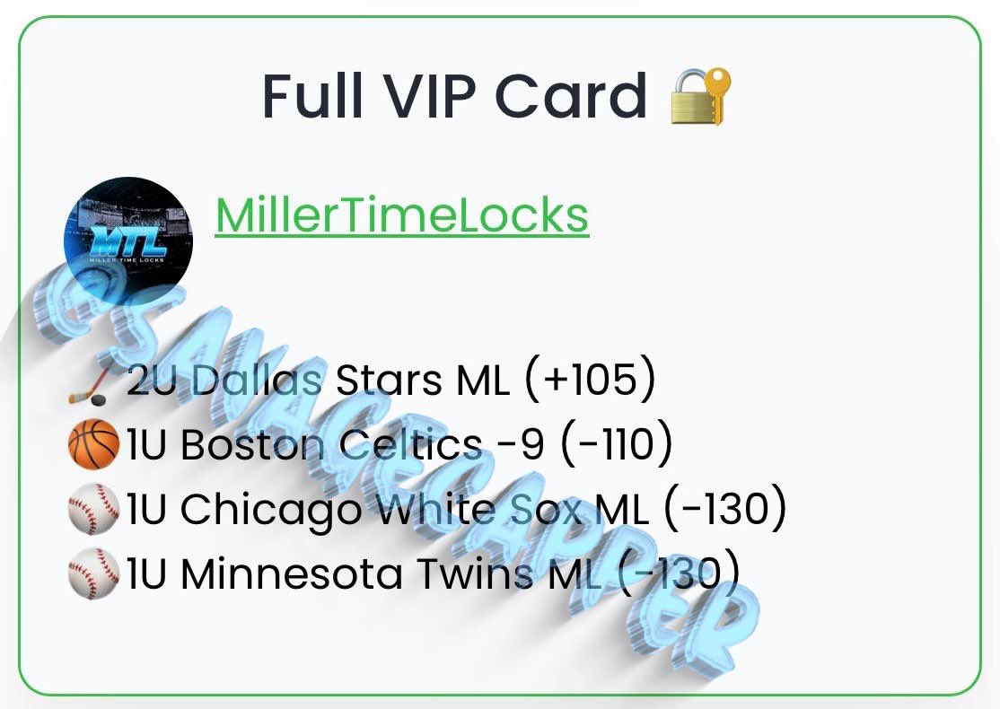 SavageCappers's tweet image. #MillerTimeLocks #nba #nhl #mlb #sportsbets #sportsbettingpicks #handicapper #parlay #parley CAPPERS POSTED IN FREE TELEGRAM: SavageCappers 🔮 t.me/SavageCappers