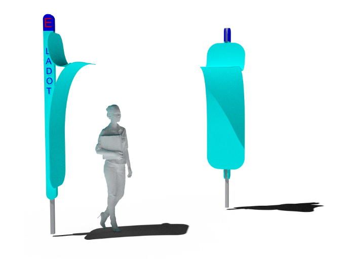 Why this design? It’s adaptable to streets that can’t get a bus shelter and can be affixed to existing bus signs with no new permits required. This simple treatment provides shade during the day and utilizes solar energy gathered to light the stop at night.