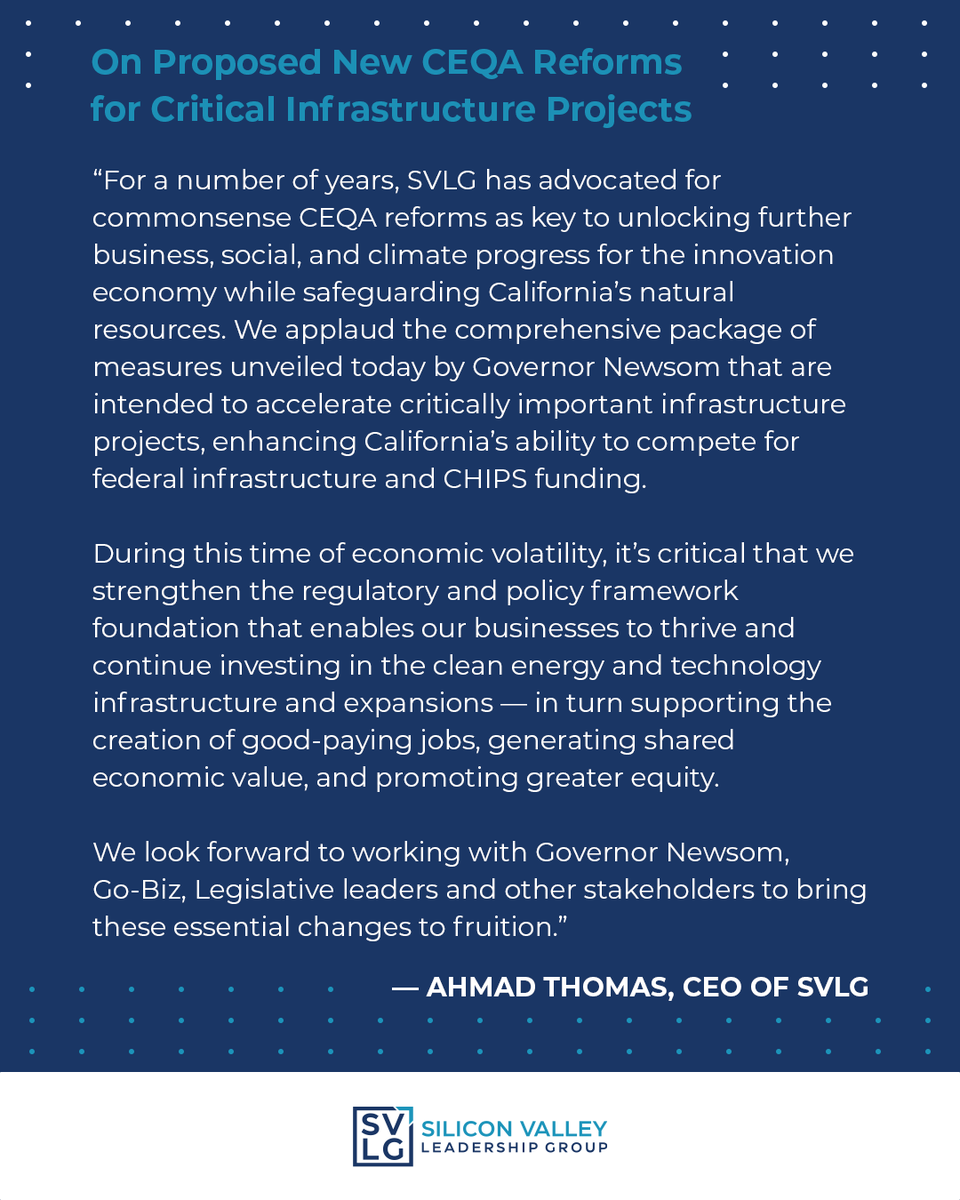Today, Governor Newsom unveiled proposed new commonsense CEQA reforms for critical infrastructure projects, which SVLG CEO Ahmad Thomas applauded as critical to supporting the creation of good-paying jobs, generating shared economic value, and promoting greater equity.