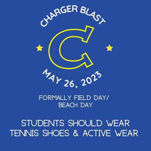 Friday is Charger Blast! Thanks to all the families who volunteered to make the day a success!

We will be in touch soon but most stations are outside so please dress accordingly & remember sunscreen! 

#CESLeadTheCharge