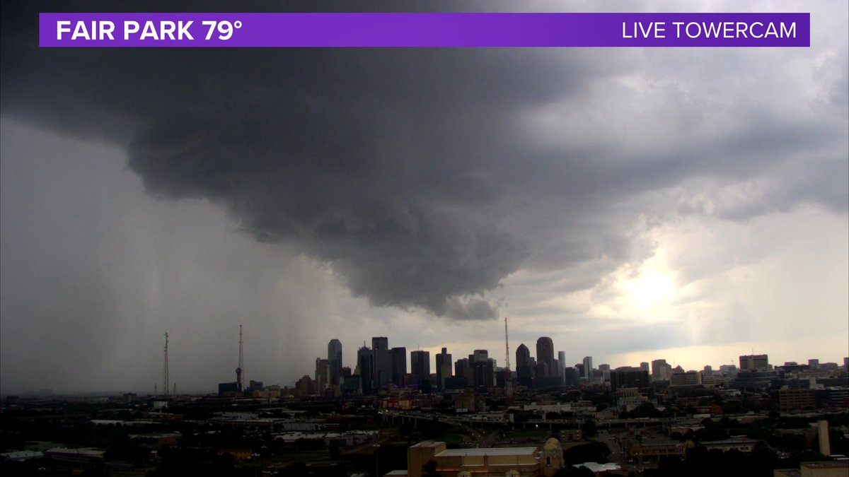 wfaaweather's tweet photo. Our Fair Park camera is showing quite an ominous view of Dallas! Thunderstorms, not currently severe, are moving in. #wfaaweather https://t.co/2w9yu5Frcc