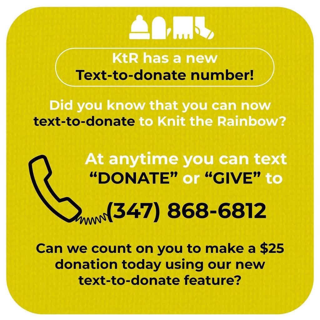 Check out KtR’s new text-to-donate feature! 

We are only about 50% to our goal of fundraising $5,000 for Pride. Can you donate $25 today using our new feature? 

#KtR #KnitTheRainbow #charity #nonprofit #knittersofinstagram #knitting #crochet #knit #cro… instagr.am/p/CscGIavJQzB/