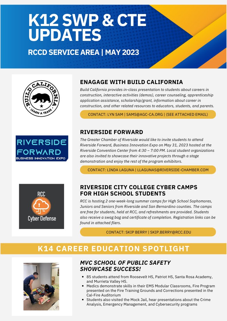 K12 SWP newsletter out - amazing opportunities for K12 students to prepare for their future! Thankful for all the industry partners championing youth career education! 
@buildcalifornia @RivChamber @rcc_cyber @mvc_cte