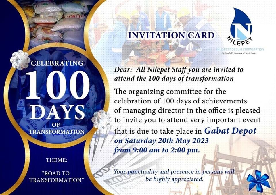 NILEPET takes this opportunity to invite all staff to attend the Celebration of 100 Days of Transformation