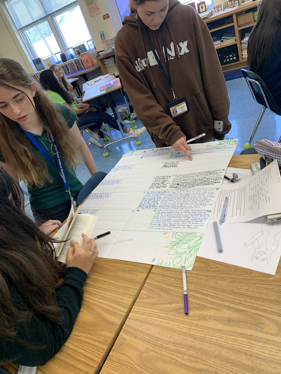 MrsgTravis's tweet photo. Mrs. Hauerwas’ students @GulfviewMiddle working collaboratively to create plot posters after reading “A Long Walk to Water” I love the participation and engagement! 📚 https://t.co/CtLt9hW1Px