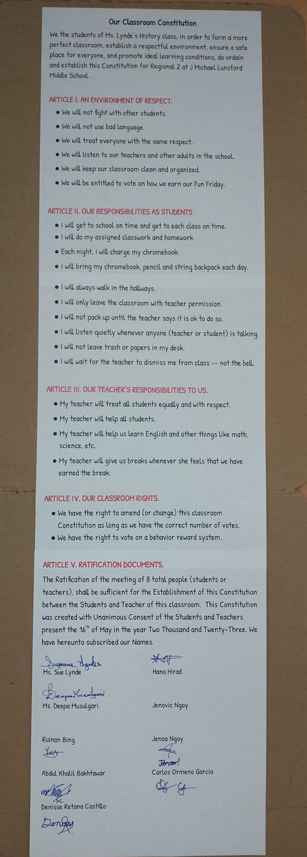 slynde_JML's tweet photo. This week, my ELs created a Constitution for our classroom. It helped them better understand why the U.S. Constitution was created and why this doc is still in use today. We even ratified it and hung it on our classroom door. Keeping it real. @JML_MS_OFFICIAL #jmlPride https://t.co/2JGx8gWK5M