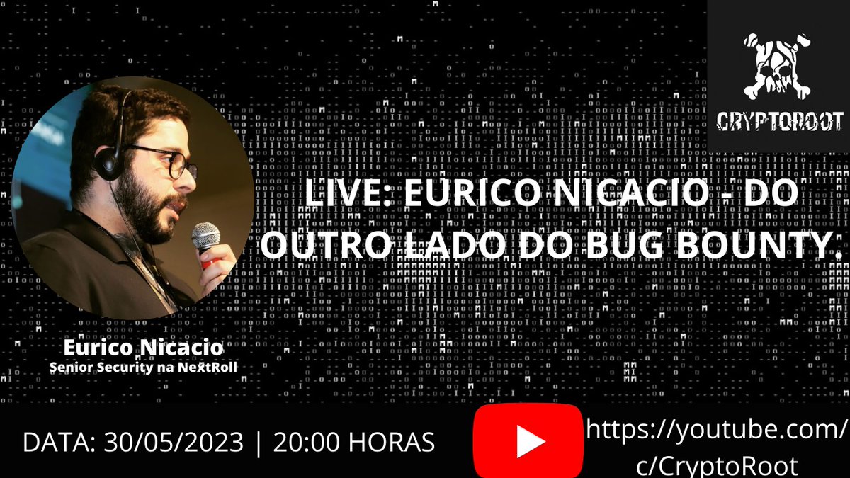 Bora de live?

O convidado da vez é Eurico Nicacio!

"LIVE: EURICO NICACIO - DO OUTRO LADO DO BUG BOUNTY."

Quando vai rolar?
Dia 30/05/2023

Horário?
Às 20:00 horas.

Onde?
Lá no nosso canal do YouTube.

Confira através desse link: bit.ly/livecryptoroot…

#cryptoroot #hacker