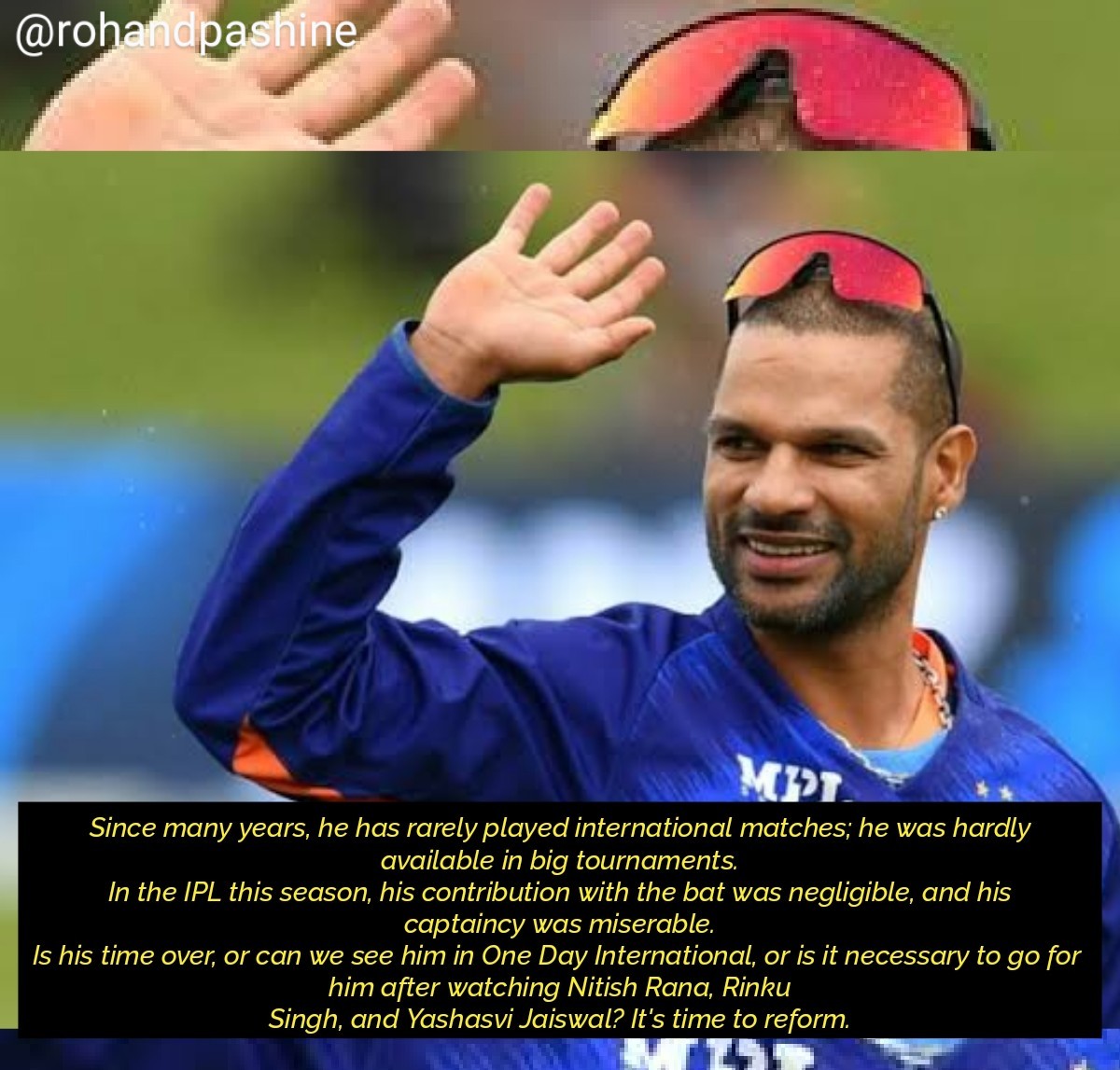 rohandpashine's tweet photo. @SDhawan25 @ImRo45 @imVkohli @vrNagpur @cricketaakash @bhogleharsha @BCCI #IPL2O23 #WorldCup2023 #news #CricketTwitter #Cricket #PBKSvRR #2000rs #end #Playoffs #Lost #RetirementPlanning #freshstep https://t.co/pBWD5qg7Ui