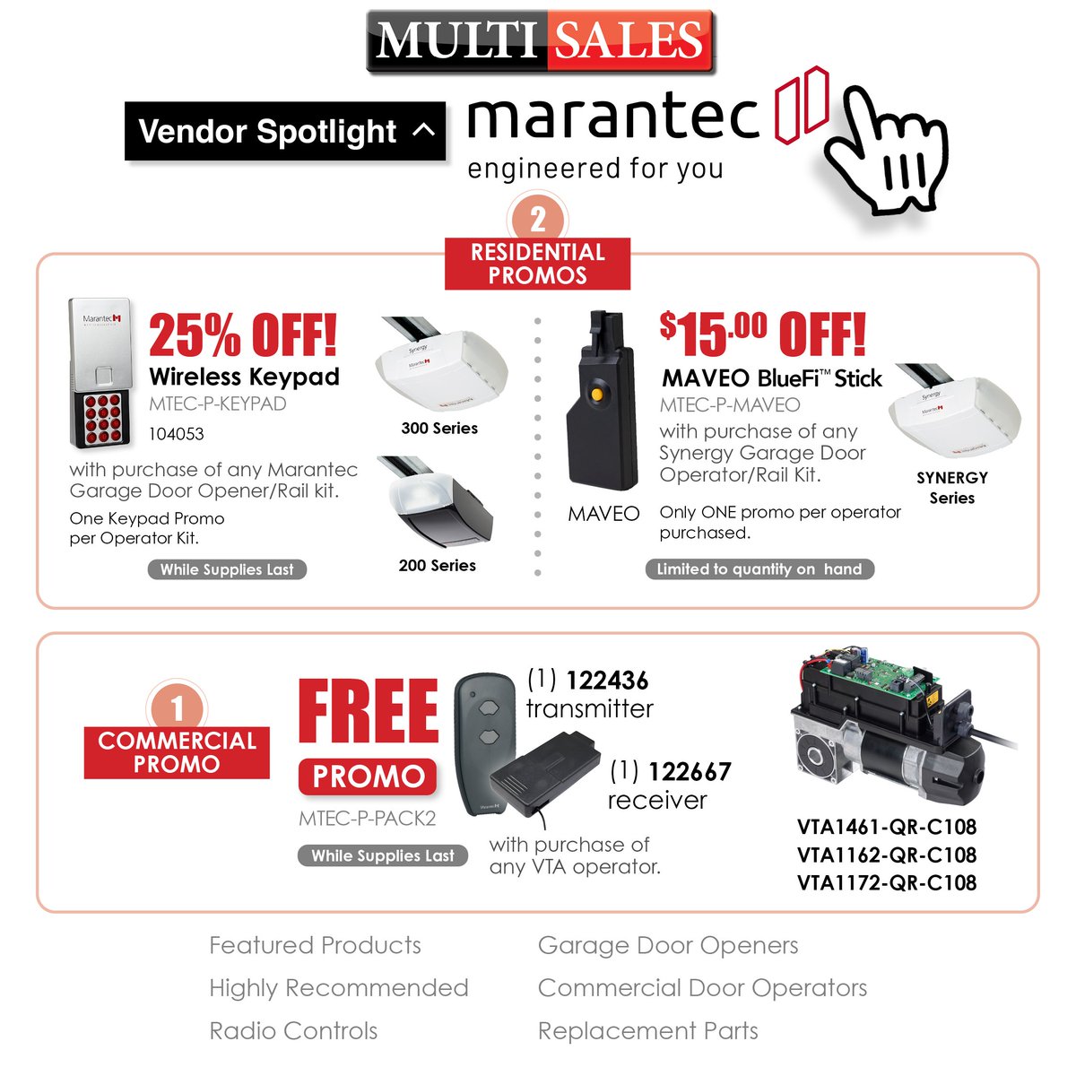 Multi Sales: Marantec Vendor Spotlight! 25% OFF Wireless Keypad, 15 Bucks OFF Maveo, and a FREE Promo with a VTA purchase. #MultiSales #YourOneStopShop