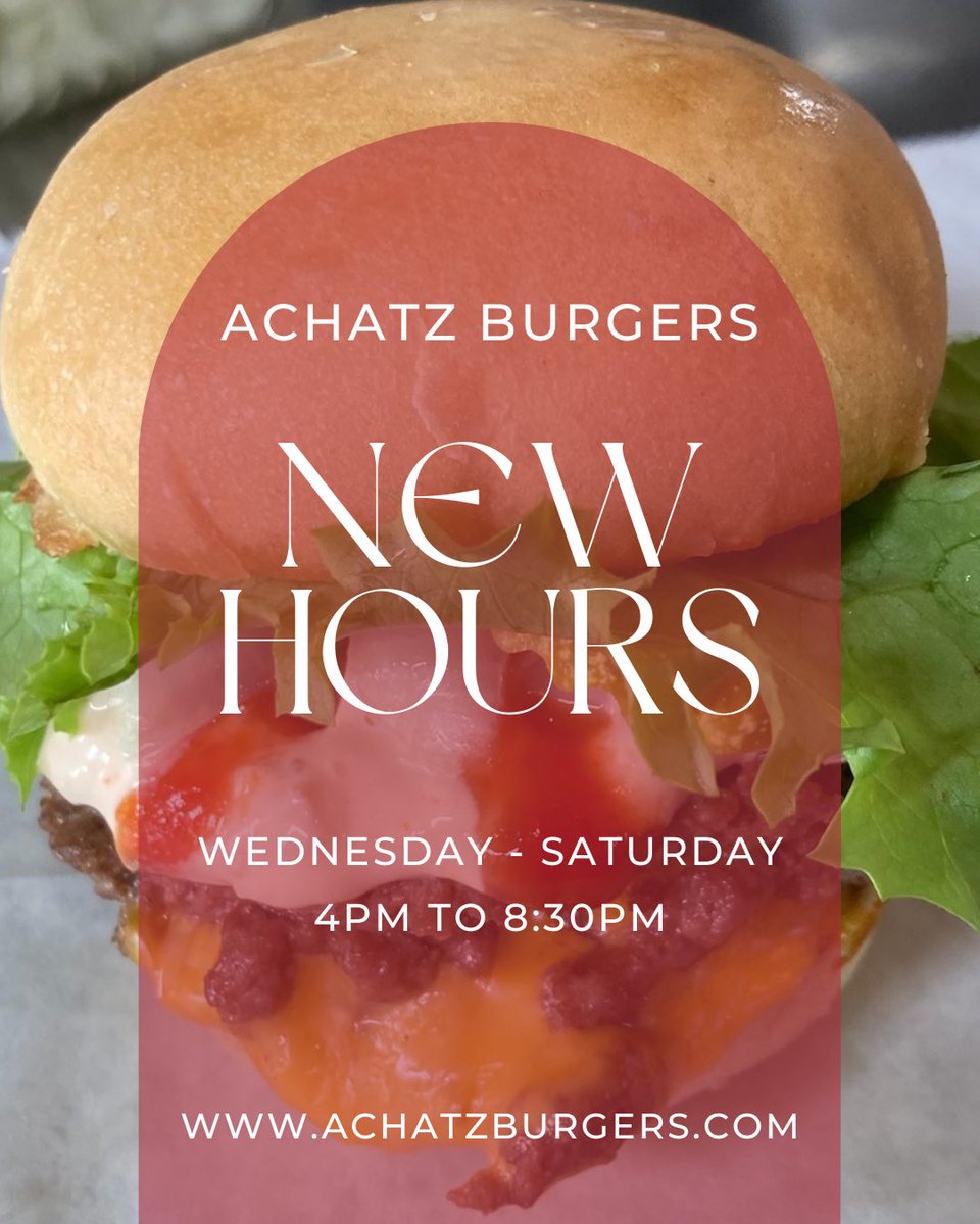 Achatzsocial's tweet photo. New hours
Wednesday-Saturday 
4PM - 8:30PM https://t.co/xVhsdlFTIz