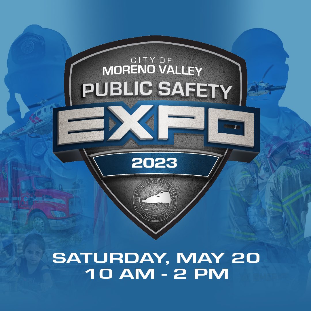 CityofMoVal's tweet photo. Get ready, Moreno Valley! Our free Public Safety Expo is tomorrow!
 
Join us on Saturday, May 20, from 10 a.m. to 2 p.m. at the Moreno Valley Civic Center for a fun and family-friendly street fair with a chance to get to know your Moreno Valley first responders! https://t.co/qh7e0Dsvug