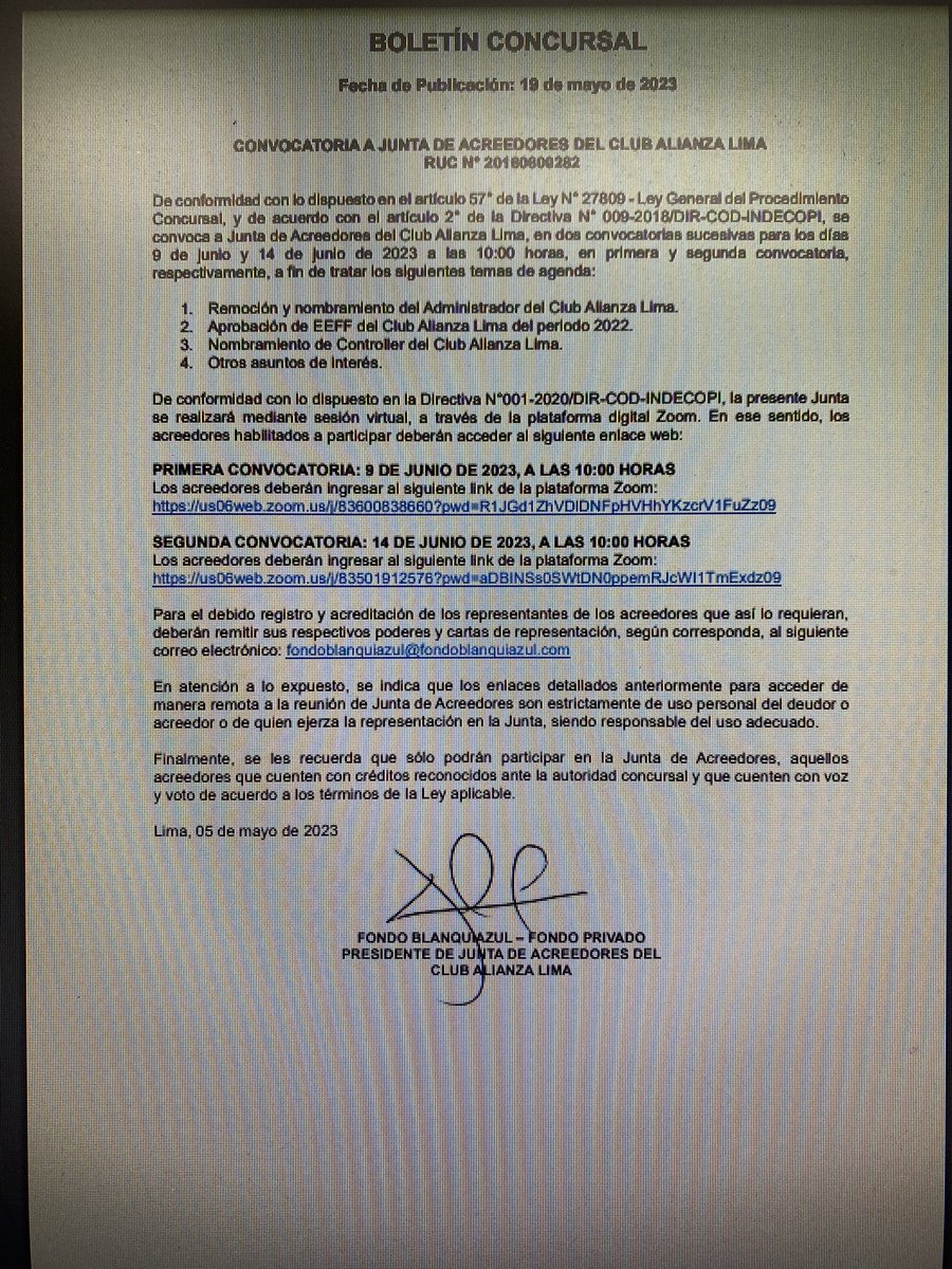 VizcarraJulio's tweet photo. Los nuevos inversionistas del FB decidieron estas fechas (9 y 14 de junio) para la Junta de Acreedores pensando en que #AlianzaLima termine tranquilo el Apertura. El tema principal será la “remoción y nombramiento del nuevo administrador”, cargo que hoy tiene Fernando Salazar https://t.co/TIyH4XnLRB