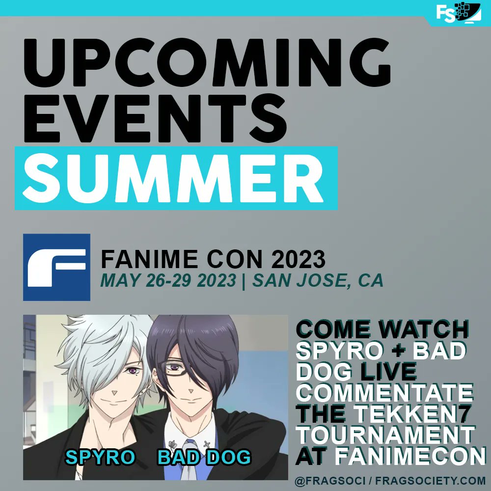 fragsoci's tweet photo. Who's going to @fanimecon this year?! A bunch of FragSociety will be there. On Friday, @MisbehavedK9 and @Spyro9824 will be commentating the TEKKEN 7 tournament. On Saturday night our very own @itzKyohei will be DJing at Parkcon. Come hang out with us! https://t.co/fmEY82QC3f