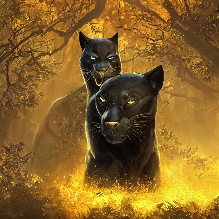 CREAIT_OFFICIAL's tweet photo. A black panther with a gold crown, surrounded by golden-hued forest creatures and foliage, digital painting artstation, concept art, matte, sharp focus, illustration #aiart #aigeneratedart https://t.co/MybxFfp02v