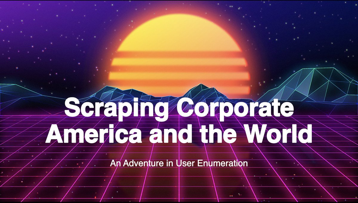 nyxgeek (@nyxgeek) on Twitter photo If you're at <a href="/thotcon/">THOTCON!</a> come check out my talk, 
"Scraping Corporate America and the World: An Adventure in User Enumeration"
Saturday at 1pm in Track 2. Hope to see you there! If you're at <a href="/thotcon/">THOTCON!</a> come check out my talk, 
"Scraping Corporate America and the World: An Adventure in User Enumeration"
Saturday at 1pm in Track 2. Hope to see you there!